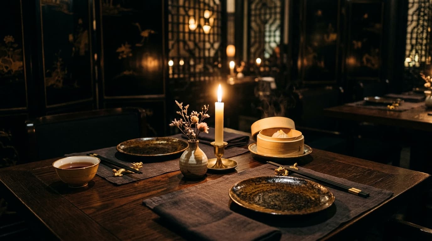 Elegant gedeckter Tisch bei Kerzenlicht im Silk House